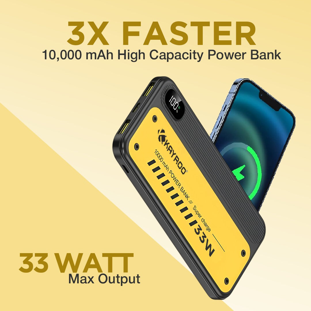 KAYROO PB-41 10000mAh 33W Slim & Compact Powerbank, 33W Fast Charging, USB & Type C Output, Power Delivery, Quick Charge for iPhone, Android & Other Devices, Type C Cable in The Box